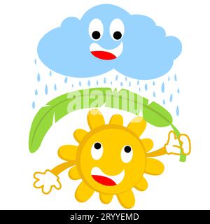 Smiling sun take shelter from rain using banana leaf, rainy season with funny cloud, vector cartoon illustration Stock Vector