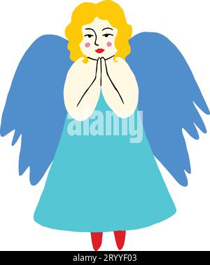 retro comic illustration of angel girl with wings. Hand drawn cartoon character in doodle style Stock Vector