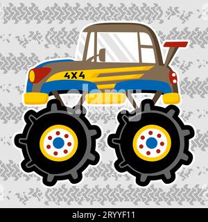 Monster truck on tire tracks background, vector cartoon illustration Stock Vector