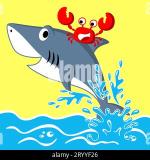 Cartoon funny crab riding shark Stock Vector
