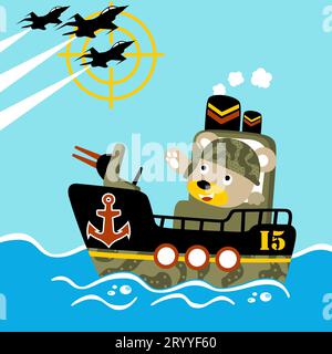 Funny bear on warship in the ocean, three fighter jet flying, vector cartoon illustration Stock Vector