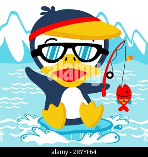 Cute penguin wearing hat and sunglasses fishing on ice mountains background, vector cartoon illustration Stock Vector