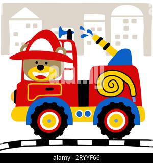 Cute bear wearing fireman helmet driving firetruck on buildings background, vector cartoon illustration Stock Vector