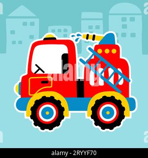 Fire truck on buildings background, vector cartoon illustration Stock Vector