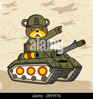 Teddy bear with soldier helmet on armored vehicle in battlefield, vector cartoon illustration Stock Vector
