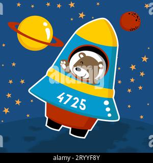 Cute bear on rocket with space planets, vector cartoon illustration Stock Vector