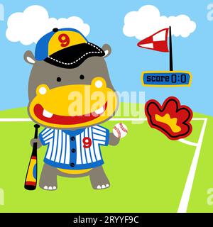 Cute hippo in baseball player costume with baseball elements, vector cartoon illustration Stock Vector