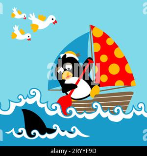 Penguin on sailboat attacked by shark, flock of bird flying, vector cartoon illustration Stock Vector