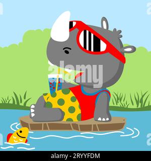 Cute rhino holding soft drink wearing eyeglasses relaxing in the swamp with a fish, vector cartoon illustration Stock Vector