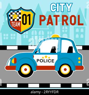 police car in city road on buildings background, vector cartoon illustration Stock Vector