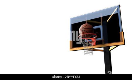 Basketball going into hoop on white isolated background. Sport and Competitive game concept. 3D illustration. Stock Photo