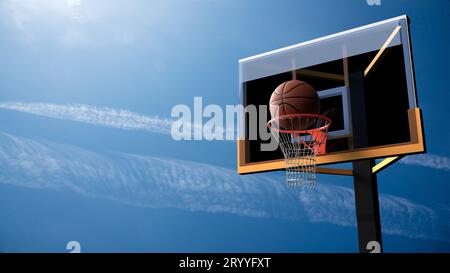 Basketball going into hoop on beautiful blue sky background. Sport and Competitive game concept. 3D illustration. Stock Photo
