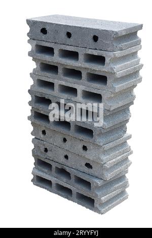 Stack of cement brick block on isolated white background with clipping path. Object and Structure concept. Architecture and Buil Stock Photo