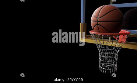 Basketball going into hoop on black isolated background. Sport and Competitive game concept. 3D illustration. Stock Photo