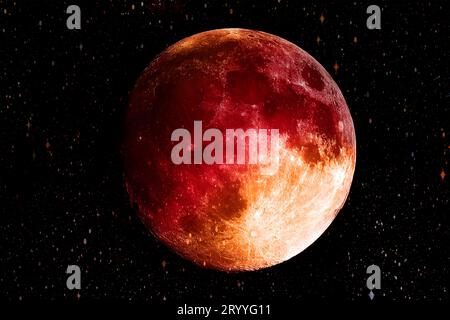 Super Blue Bloody moon in the galaxy background. Science and Planet concept. Full moon and Horror scene theme. Red moon. Element Stock Photo