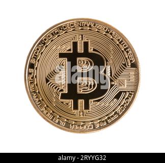 Golden Bitcoin on isolated white background. Clipping path. Financial and Business Investment trading concept. Money currency an Stock Photo