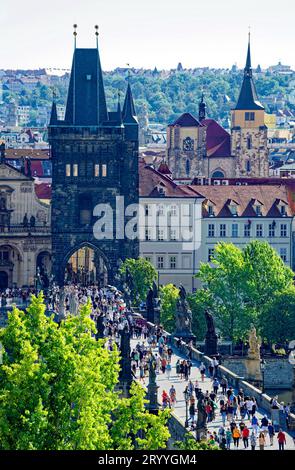 View of Charles Bridge and the Old Town Bridge Tower from the Lesser Town Bridge Tower, Prague, Czech Republic Stock Photo