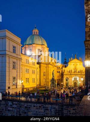 Monument to Charles IV by sculptor Ernst Julius Haehnel, Church of the Cross, Crossmen's Square, Prague, Czech Republic Stock Photo