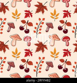 leaves, rowanberry and mushroom pattern design Stock Vector