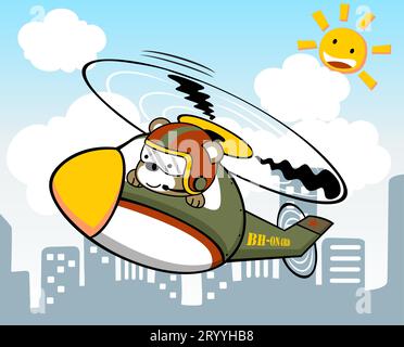 Cute bear wearing pilot helmet on helicopter, flying on buildings background, vector cartoon illustration Stock Vector