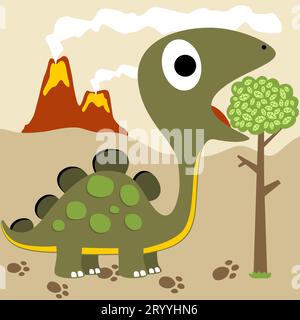 Cute dinosaur eat leaves on volcano eruption background, vector cartoon illustration Stock Vector