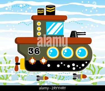 Military submarine with gun undersea, vector cartoon illustration Stock Vector
