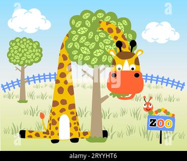 vector cartoon illustration, giraffe and caterpillar in the zoo Stock Vector