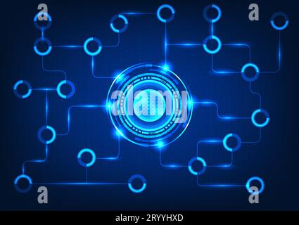 Data processor technology with technology circle with connection circuit The concept of receiving data and processing it forwards to other systems to Stock Vector