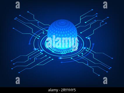 Isometric data processor with technology circle connected circuit The concept of a technology processor that receives data and processes it and sends Stock Vector