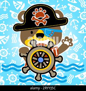 Cute bear in pirate costume holding steering wheel on pirate elements background, vector cartoon illustration Stock Vector