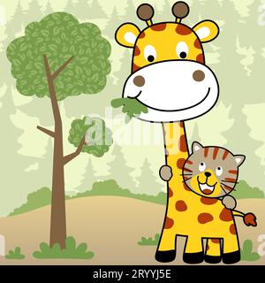 Cute giraffe and tiger in forest, vector cartoon illustration Stock Vector