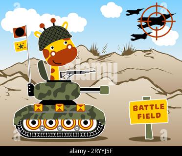 Giraffe on armored vehicle in battle field, vector cartoon illustration Stock Vector