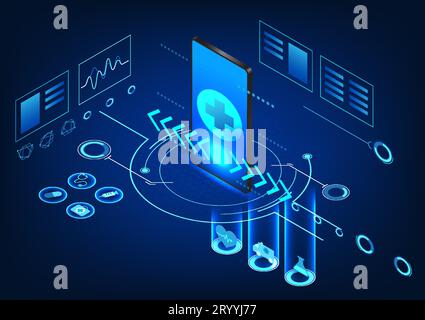 Smart medical technology connected smartphones with technology circles. Modern medical technology concepts come in to help know the point that needs t Stock Vector