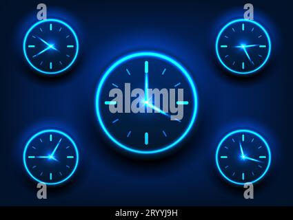 Technology background of multiple watch used to tell time dial clock That shines blue on a dark blue background, with the case making it stand out fro Stock Vector