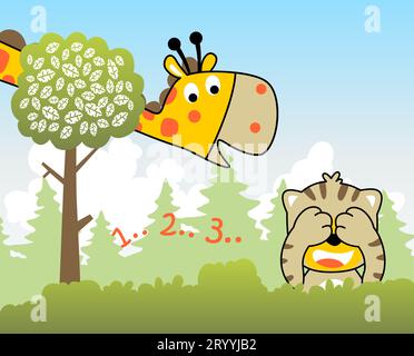 Vector cartoon illustration, tiger and giraffe playing hide and seek in the jungle Stock Vector