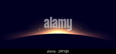 Planet eclipse concept. Bright yellow solar light glare effect. Abstract glowing sunrise on dark background. Earth horizon halo illustration. Vector design for poster, banner, cover, brochure, booklet Stock Vector