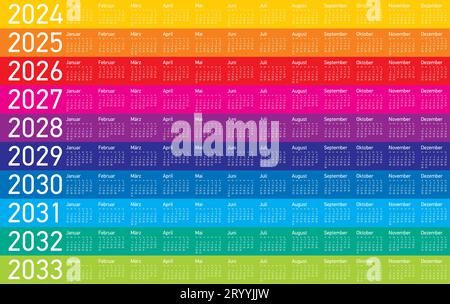 Colorful Calendar for Years 2024, 2025, 2026, 2027, 2028, 2029, 2030, 2031, 2032 and 2033, in German language. Vector Format. Stock Vector