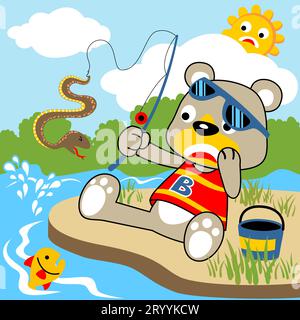 Funny bear fishing in a swamp get a snake, humor cartoon vector illustration Stock Vector