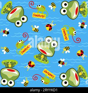 Vector illustration of cartoon chameleon on tree branches hunting dragonfly Stock Vector