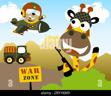 Little bear on fighter jet, cute giraffe with gun hiding in bush, military truck, vector cartoon illustration Stock Vector