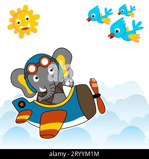 Cute elephant on airplane in the sky meet with flock of birds and smiling sun, vector cartoon design Stock Vector