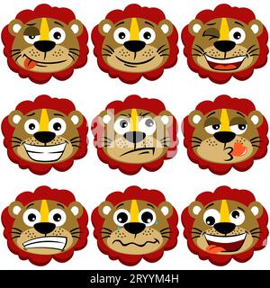 Set of funny lion facial expressions, vector cartoon illustration Stock Vector