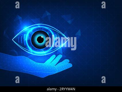 Business hand holding technology eye geometric shapes overlap behind each other. Refers to business people who are looking for technology help their b Stock Vector