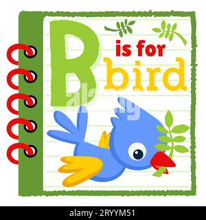 Cute bird carrying leaf in notebook frame, education cartoon for kids, vector cartoon illustration Stock Vector