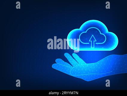 Businessman hand holding cloud technology Conveys about storing important data within the storage by a cloud system that has a security system and can Stock Vector