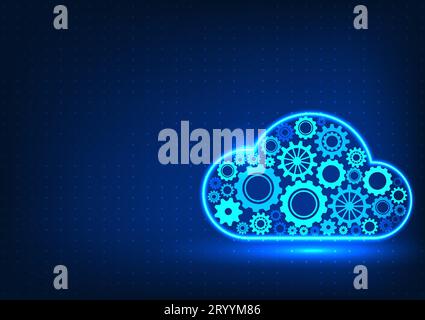 Cloud technology with gears Cogs inside the cloud drive data transmission and processing of data collection. through the internet Cloud technology con Stock Vector