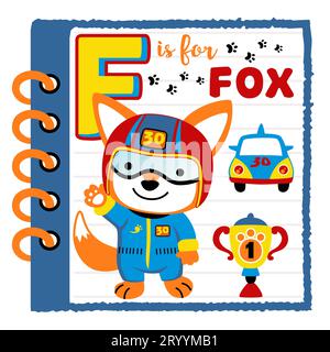 Cute fox in racer costume, car racing elements in notebook frame, education cartoon for kids, vector cartoon illustration Stock Vector