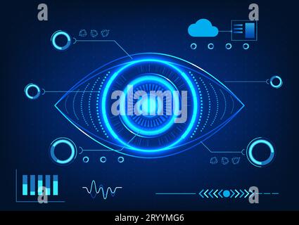 Eye technology with scanning technology information. Refers to the use of technology to help look for flaws in business or industry work to be solved Stock Vector