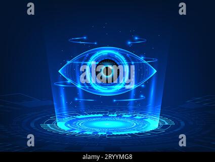 Hologram technology projecting technology eyes with technology circle Refers to looking for new technologies that help solve business or human problem Stock Vector