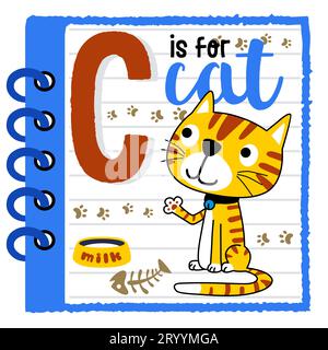 Cute kitten with milk bowl and fish bone in notebook frame, education cartoon for kids, vector cartoon illustration Stock Vector